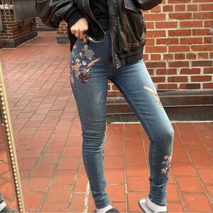 Topshop Blue Skinny Jeans with Embroidered Floral Accents